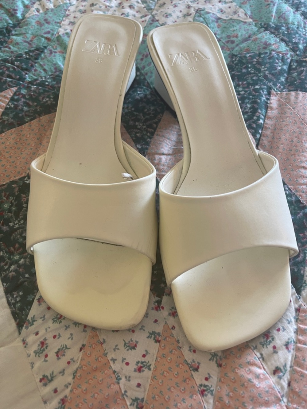ZARA Cream Open-Toe Slide Mules with Block Heel